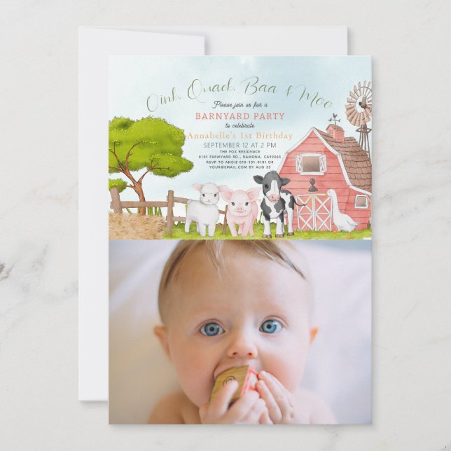 Farm Animals Barnyard Photo 1st Birthday Invitation (Front)