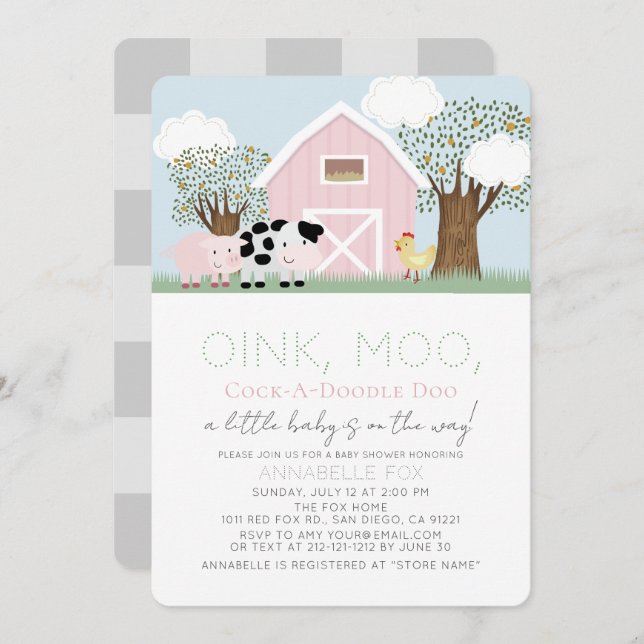 Farm Animals Barnyard Pink Barn Girl Baby Shower Invitation (Front/Back)