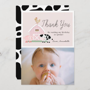 Farm Animals Barnyard Pink Birthday Thank You Card