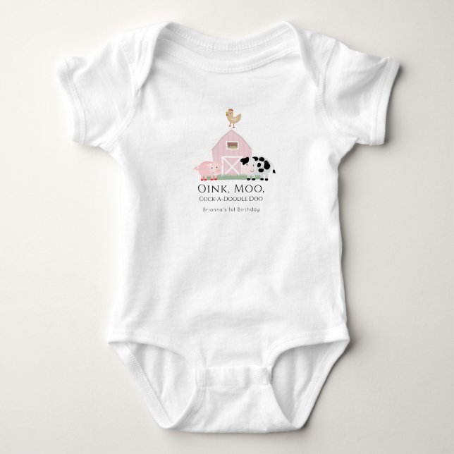 Farm Animals Barnyard Pink Girl 1st Birthday Baby Bodysuit (Front)