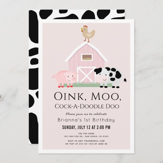 Farm Animals Barnyard Pink Girl 1st Birthday Invitation (Front/Back)