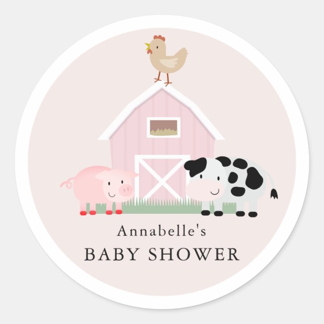 Farm Animals Barnyard Pink Girl Baby Shower Classic Round Sticker (Front)