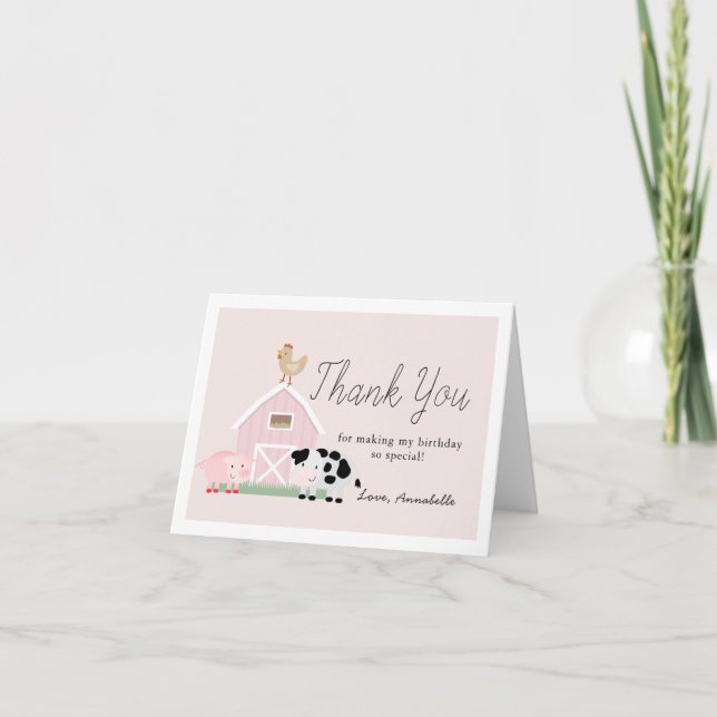 Farm Animals Barnyard Pink Girl Birthday Thank You Card (Front)