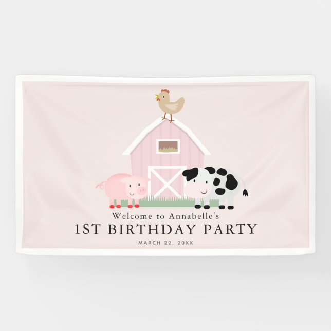 Farm Animals Barnyard Pink Girl Birthday Welcome Banner (Horizontal)