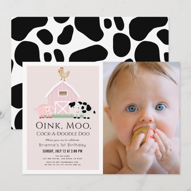 Farm Animals Barnyard Pink Girl Photo 1st Birthday Invitation (Front/Back)