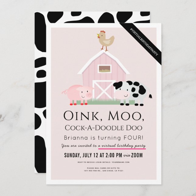 Farm Animals Barnyard Pink Girl Virtual Birthday Invitation (Front/Back)