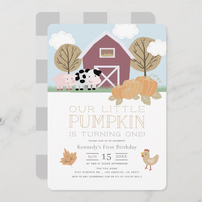 Farm Animals Barnyard Pumpkin Patch 1st Birthday I Invitation (Front/Back)