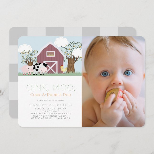 Farm Animals Barnyard Red Barn 1st Birthday Photo Invitation (Front/Back)