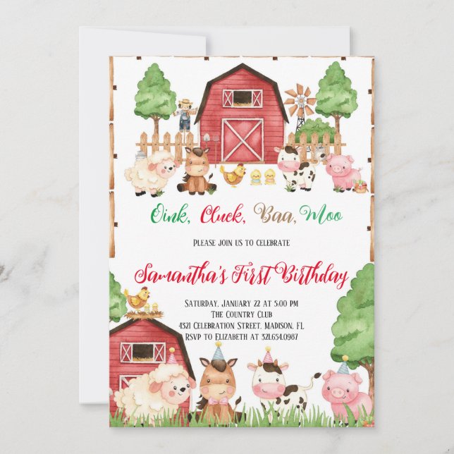 Farm Animals Barnyard Red Boy Birthday Party Invitation (Front)