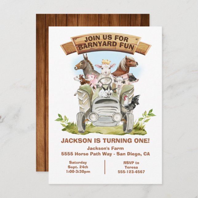 Farm Animals Barnyard Tractor Birthday Invitation (Front/Back)