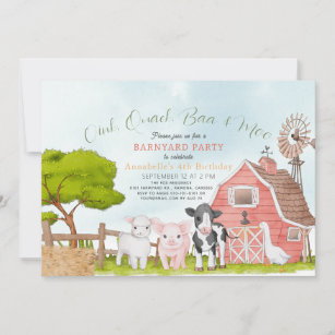 Farm Animals Barnyard Watercolor Kids Birthday Invitation