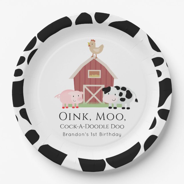 Farm Animals Barnyard White Birthday Paper Plate (Front)