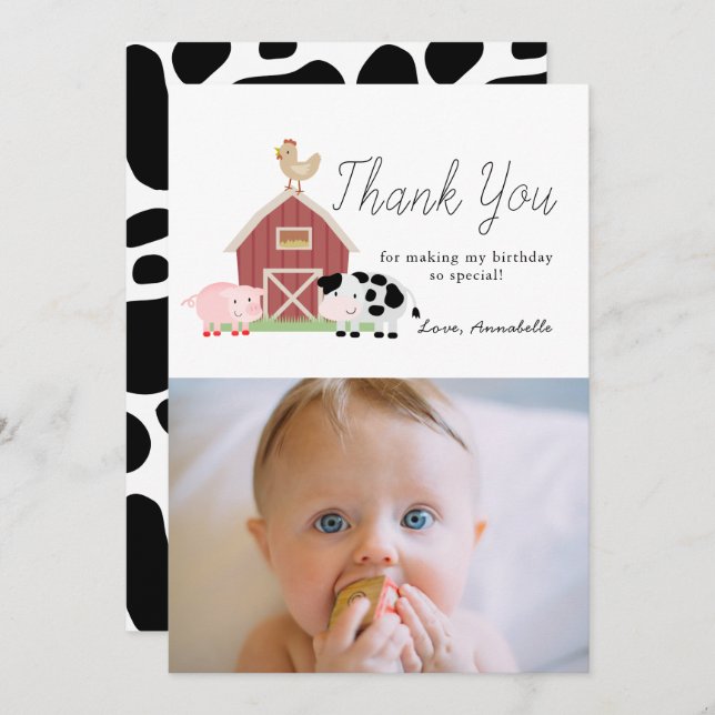 Farm Animals Barnyard White Birthday Thank You Invitation (Front/Back)