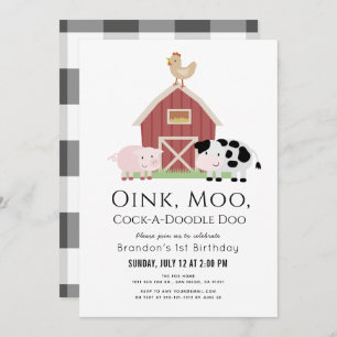 Farm Animals Barnyard White Gingham 1st Birthday Invitation