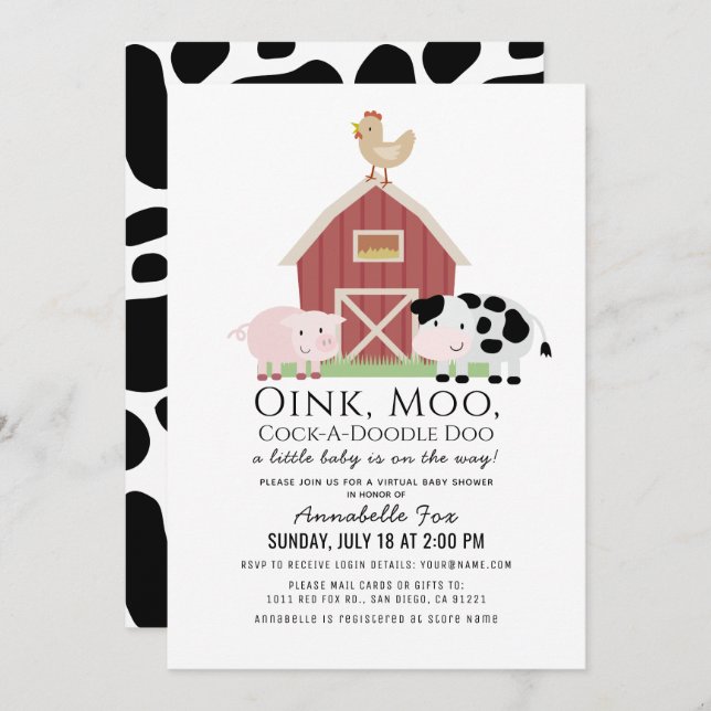 Farm Animals Barnyard White Virtual Baby Shower Invitation (Front/Back)