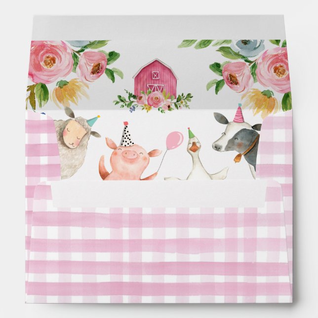 Farm Animals Barnyard Zoo Party Girl Pink Birthday Envelope (Back (Bottom))