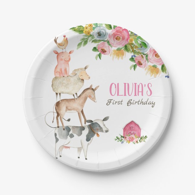 Farm Animals Barnyard Zoo Party Girl Pink Birthday Paper Plate (Front)