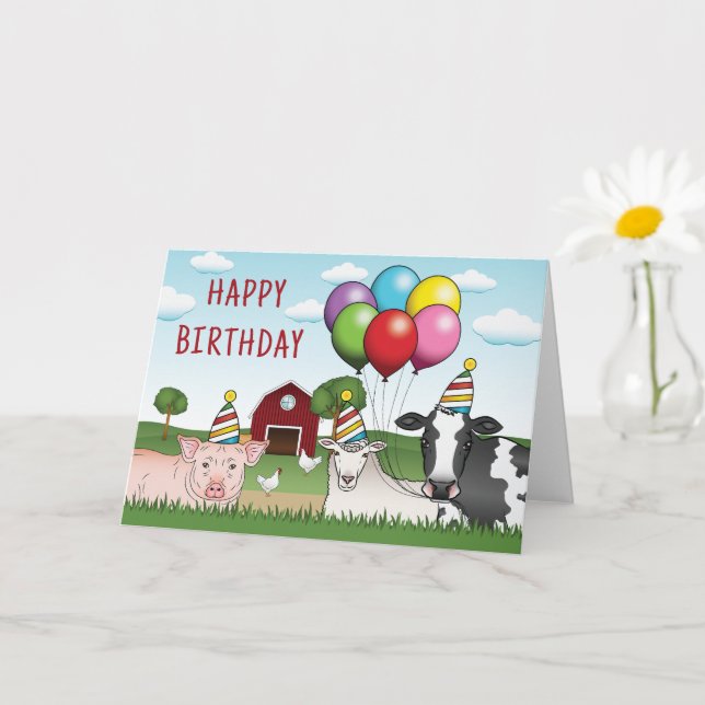 Farm Animals Birthday Balloons And Hats Barnyard Card (Small Plant)