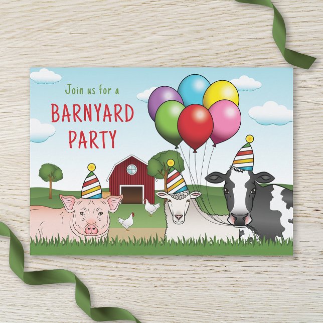 Farm Animals Birthday Balloons And Hats Barnyard Invitation (Creator Uploaded)