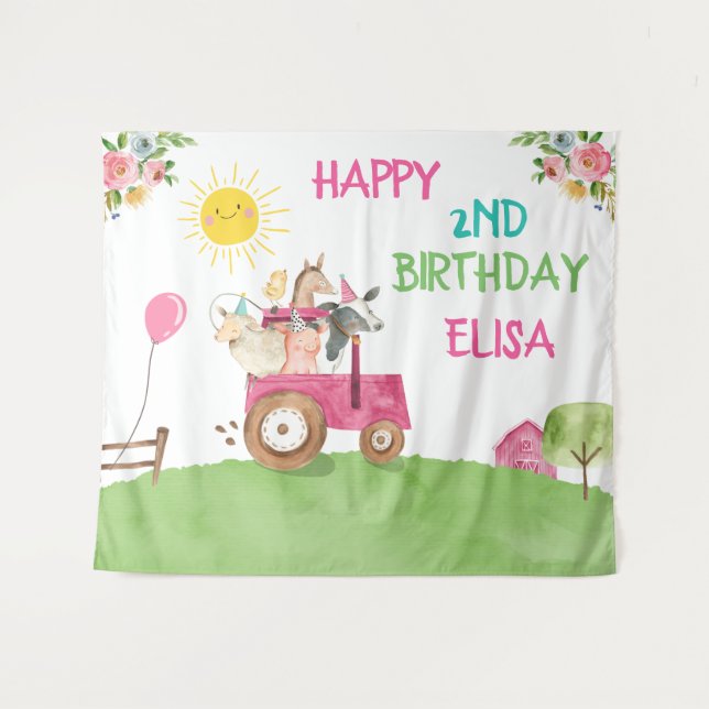 Farm Animals Birthday Barnyard Pink Girl Banner Tapestry (Front (Horizontal))