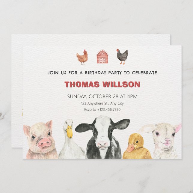 Farm Animals birthday Invitation (Front/Back)