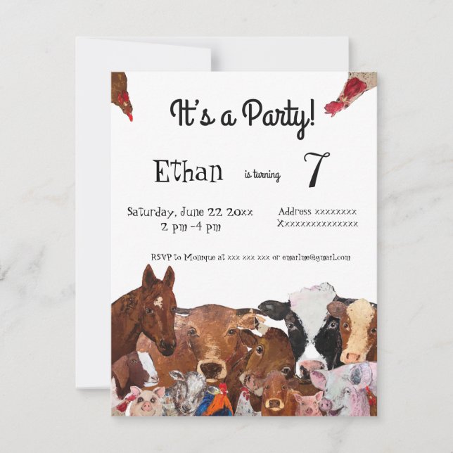 Farm animals, birthday party invitation (Front)