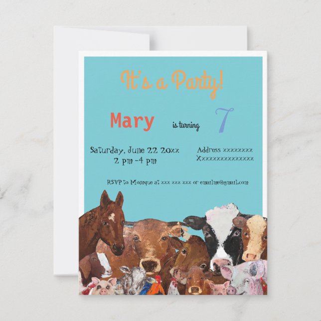 Farm animals, birthday party invitation (Front)