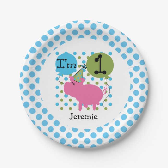 Farm Animals Blue Pig 1st Birthday Paper Plates (Front)