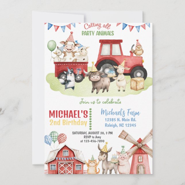 Farm animals boy ANY AGE birthday invitation. Invitation (Front)