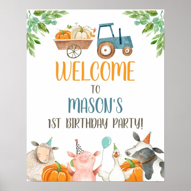 Farm Animals Boy Birthday Party Pumpkin Welcome Poster (Front)