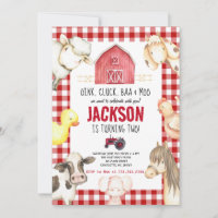 Farm Animals Boy Red Gingham Barnyard Birthday Inv