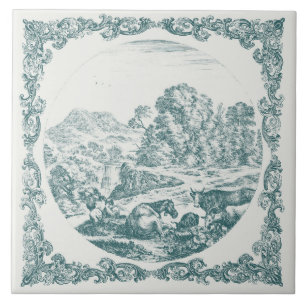 Farm Animals Country Scene Vintage Delft Teal Tile