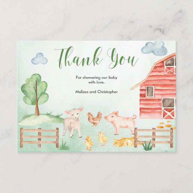 Farm animals country theme baby shower thank you enclosure card (Front)