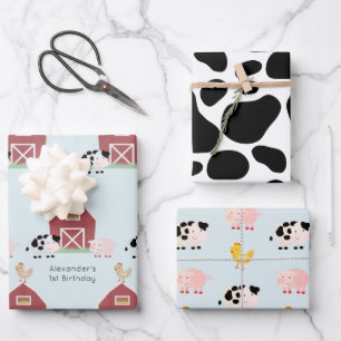 Farm Animals & Cow Pattern Blue Birthday Wrapping Paper Sheet