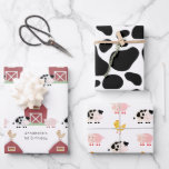Farm Animals & Cow Pattern White Birthday Wrapping Paper Sheet<br><div class="desc">This cute wrapping paper features a set of 3 different designs of wrapping papers. 1. Patterns of a pig, chicken, and cow with a red barn on a white background. 2. A white background with black cow patterns. 3. Patterns of a pig, chicken, and cow on a white background. Change...</div>