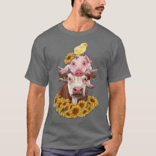 Farm Animals Cow Pig Chicken with Sunflowers Farme T-Shirt