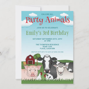 Farm Animals Cow Pig Sheep Kid's Colourful Birthda Invitation
