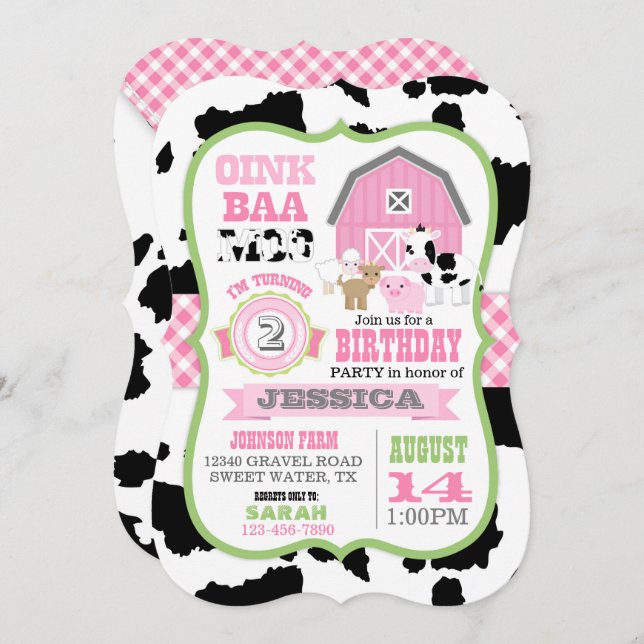 Farm Animals Cowhide Gingham Country Girl Birthday Invitation (Front/Back)