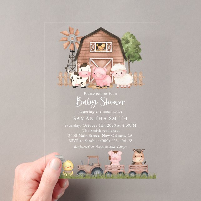 Farm Animals, Cute Animals, Barn, Baby Shower Acrylic Invitations (Insitu (Handheld))