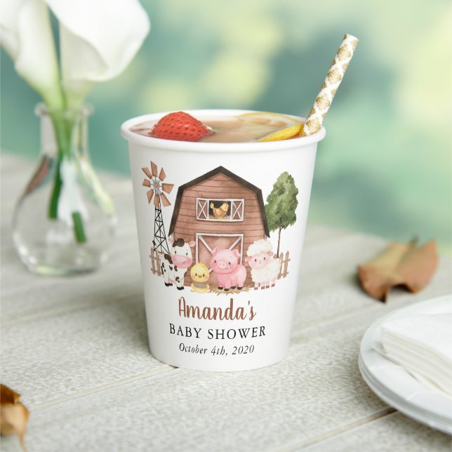 Farm Animals, Cute Animals, Barn, Baby Shower Paper Cups (Insitu)