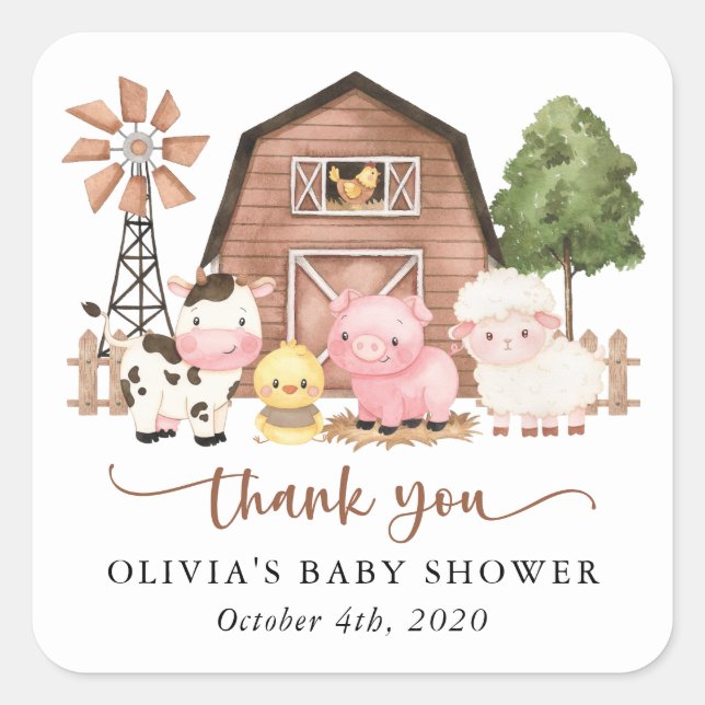 Farm Animals, Cute Animals, Barn, Baby Shower Square Sticker (Front)