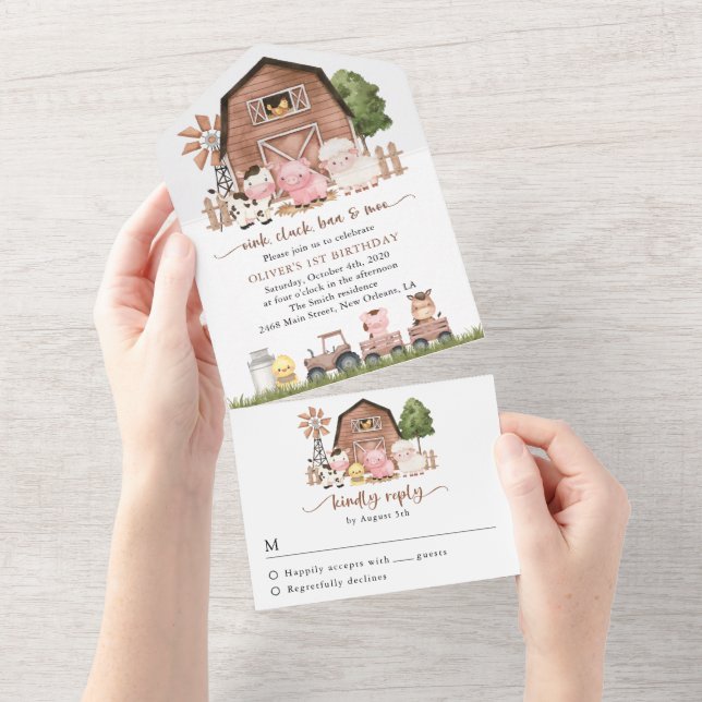 Farm Animals, Cute Animals, Barn, First Birthday All In One Invitation (Tearaway)