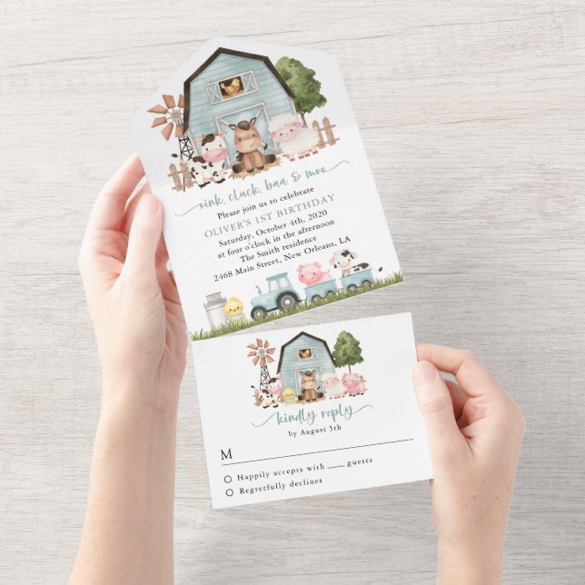 Farm Animals, Cute Animals, Barn, First Birthday All In One Invitation (Tearaway)