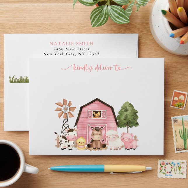 Farm Animals, Cute Animals, Barn, First Birthday Envelope (Desk)