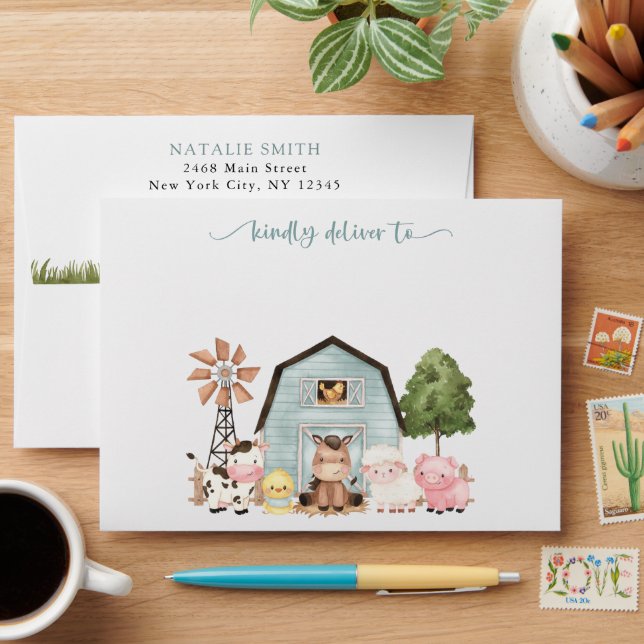 Farm Animals, Cute Animals, Barn, First Birthday Envelope (Desk)