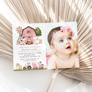 Farm Animals, Cute Animals, Barn, First Birthday Invitation