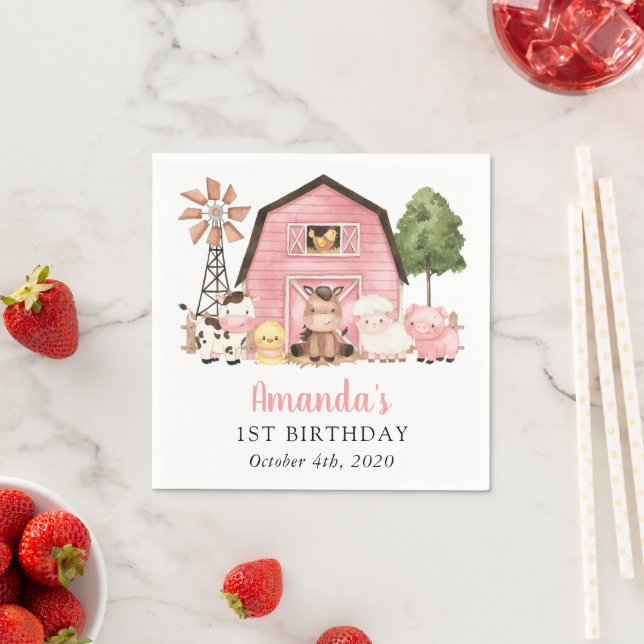 Farm Animals, Cute Animals, Barn, First Birthday Napkin (Insitu)