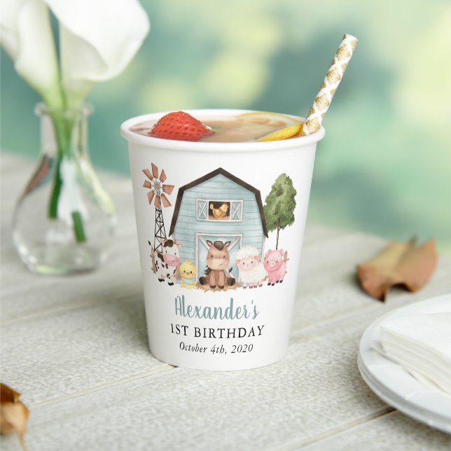 Farm Animals, Cute Animals, Barn, First Birthday Paper Cups (Insitu)