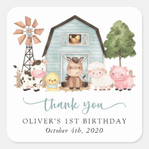 Farm Animals, Cute Animals, Barn, First Birthday Square Sticker