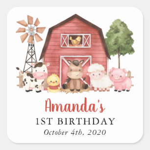 Farm Animals, Cute Animals, Barn, First Birthday Square Sticker